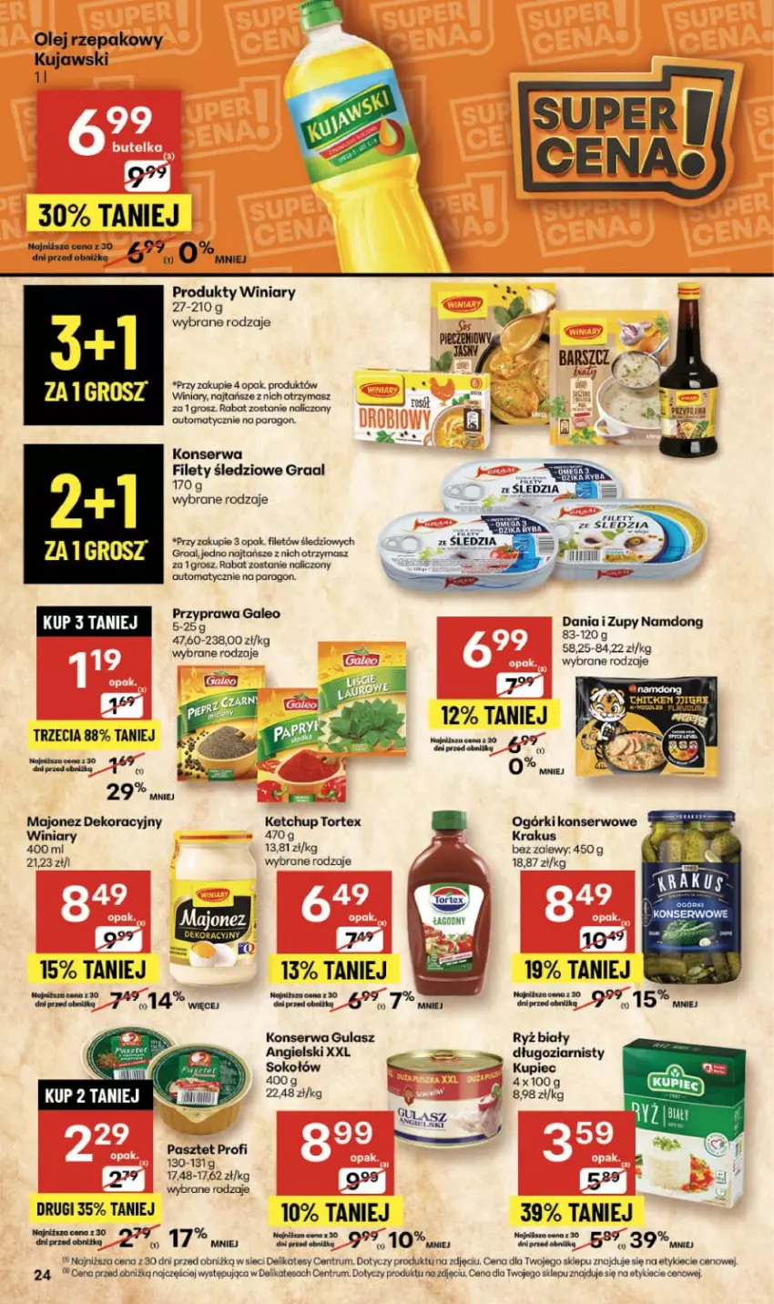 Gazetka promocyjna Delikatesy Centrum - Franczyza DC43 Czwartek - ważna 23.10 do 29.10.2025 - strona 24 - produkty: Gra, Graal, Ketchup, Krakus, Kujawski, Kupiec, Majonez, Ogórki konserwowe, Olej, Olej rzepakowy, Pasztet, Piec, Rum, Ryż, Ryż biały, Ser, Sok, Sokołów, Winiary
