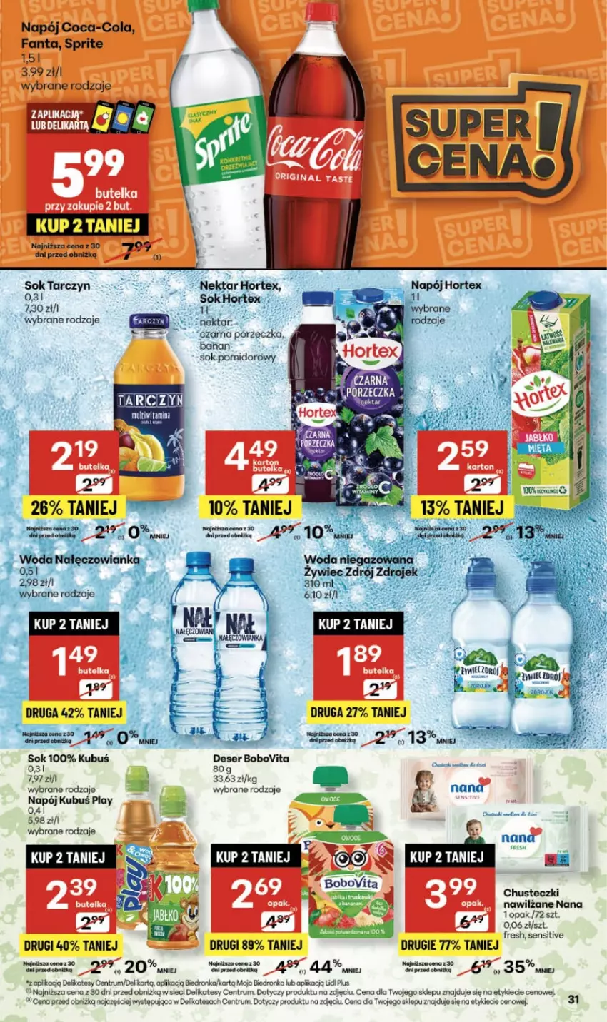 Gazetka promocyjna Delikatesy Centrum - Franczyza DC43 Czwartek - ważna 23.10 do 29.10.2025 - strona 31 - produkty: BoboVita, Chusteczki, Coca-Cola, Deser, Dron, Fa, Fanta, Kubuś, Napój, Nektar, Rum, Ser, Sok, Sok pomidorowy, Sprite