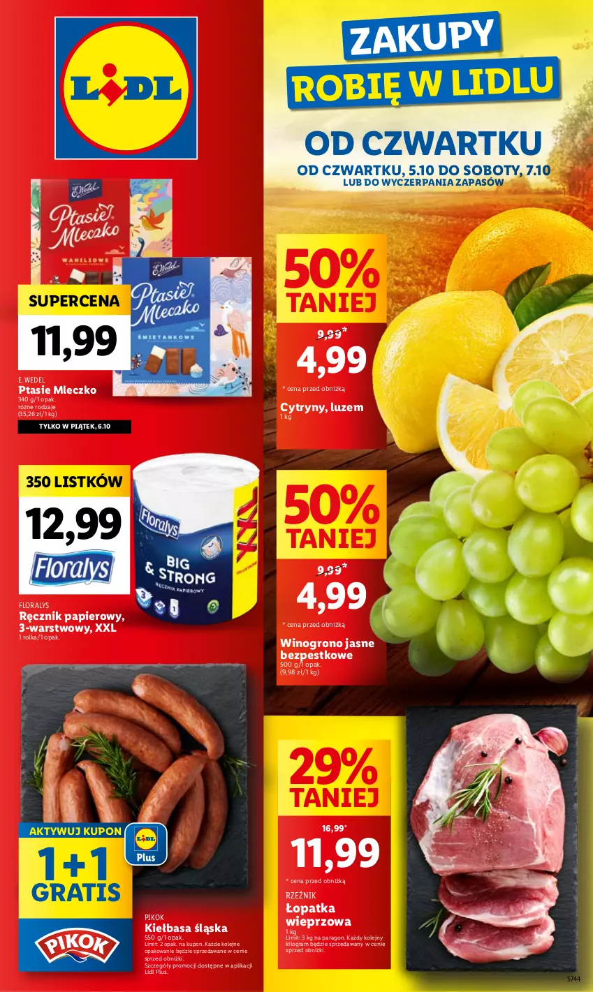 Gazetka promocyjna Lidl - GAZETKA - ważna 05.10 do 07.10.2023 - strona 1 - produkty: Cytryny, E. Wedel, Flora, Gra, Kiełbasa, Kiełbasa śląska, Mleczko, Olej, Papier, PIKOK, Ptasie mleczko, Ręcznik, Wino