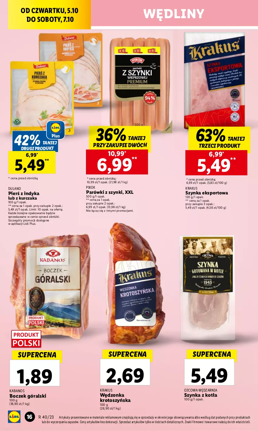 Gazetka promocyjna Lidl - GAZETKA - ważna 05.10 do 07.10.2023 - strona 24 - produkty: Boczek, Dulano, Kabanos, Krakus, Kurczak, Olej, Parówki, Parówki z szynki, PIKOK, Por, Sport, Szynka