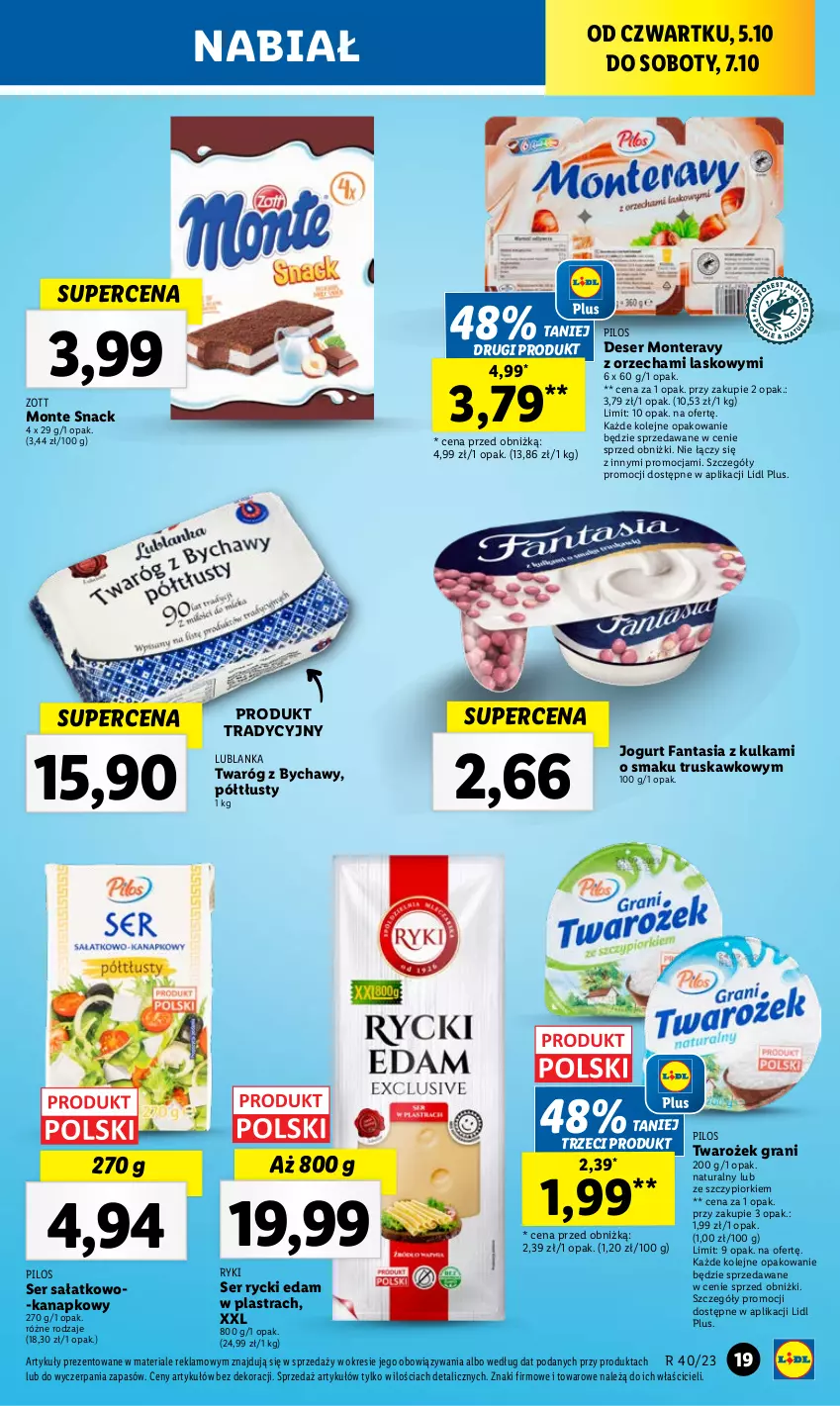 Gazetka promocyjna Lidl - GAZETKA - ważna 05.10 do 07.10.2023 - strona 27 - produkty: Deser, Edam, Fa, Fanta, Gra, Jogurt, Monte, Olej, Pilos, Rycki Edam, Sałat, Ser, Ser sałatkowo-kanapkowy, Tera, Twaróg, Zott