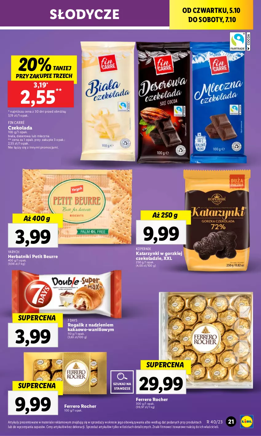 Gazetka promocyjna Lidl - GAZETKA - ważna 05.10 do 07.10.2023 - strona 29 - produkty: 7 Days, Czekolada, Deser, Ferrero, Ferrero Rocher, Herbatniki, Herbatniki Petit Beurre, Kakao, Rogal, Ser