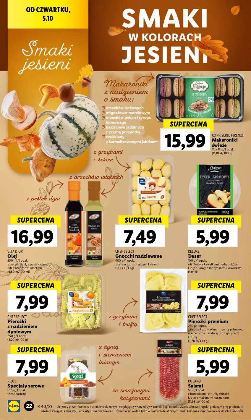 Gazetka promocyjna Lidl - GAZETKA - ważna 05.10 do 07.10.2023 - strona 30 - produkty: Deser, Dulano, Dynią, Gnocchi, Kawa, Makaron, Mascarpone, Olej, Pilos, Salami, Ser, Stek, Szpinak, Wino