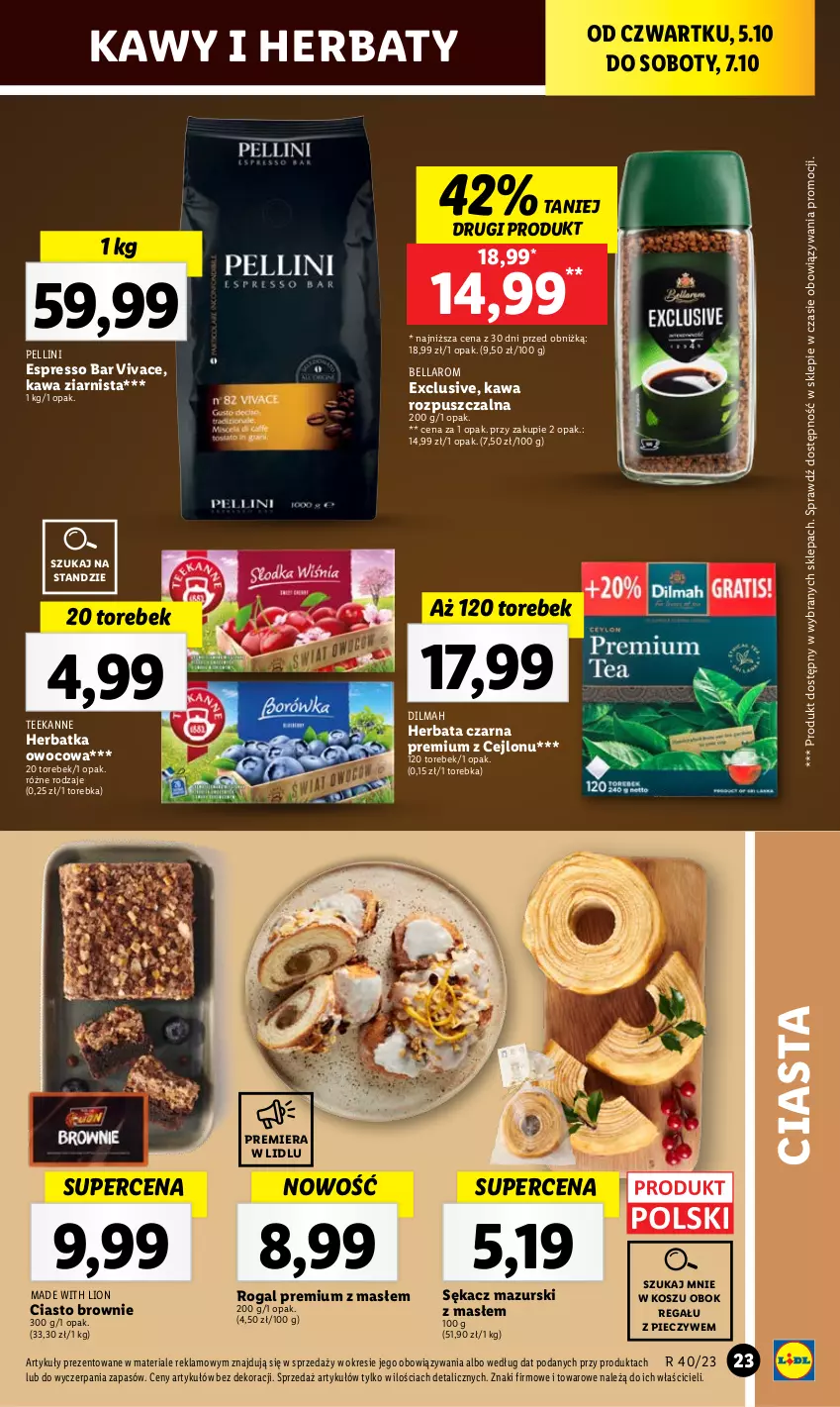 Gazetka promocyjna Lidl - GAZETKA - ważna 05.10 do 07.10.2023 - strona 31 - produkty: Bell, Bella, Brownie, Dilmah, Herbata, Herbata czarna, Kawa, Kawa rozpuszczalna, Kawa ziarnista, Kosz, Lion, Piec, Regał, Rogal, Sękacz, Teekanne, Torebka