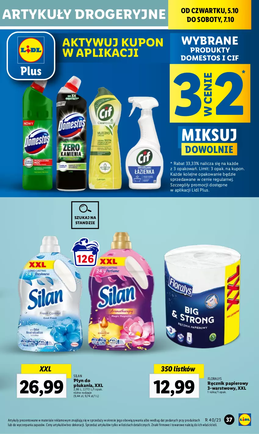 Gazetka promocyjna Lidl - GAZETKA - ważna 05.10 do 07.10.2023 - strona 49 - produkty: Cif, Domestos, Flora, Olej, Papier, Płyn do płukania, Ręcznik, Silan