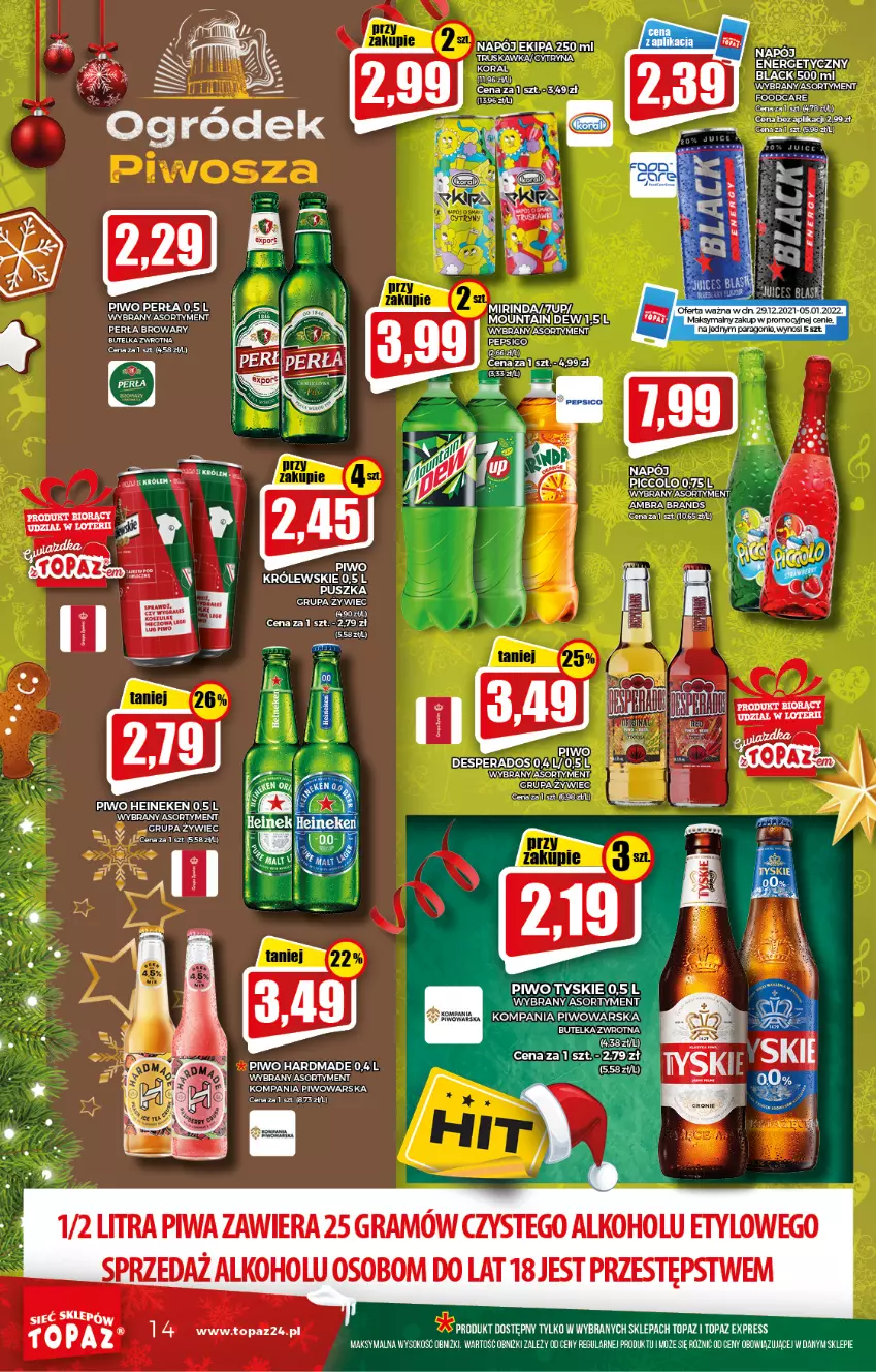 Gazetka promocyjna Topaz - Gazetka - ważna 29.12.2021 do 05.01.2022 - strona 14 - produkty: 7up, Asus, Gra, Heineken, Królewski, Lack, LG, Mirinda, Napój, Perła, Piwa, Piwo, Sok, Top, Tyskie