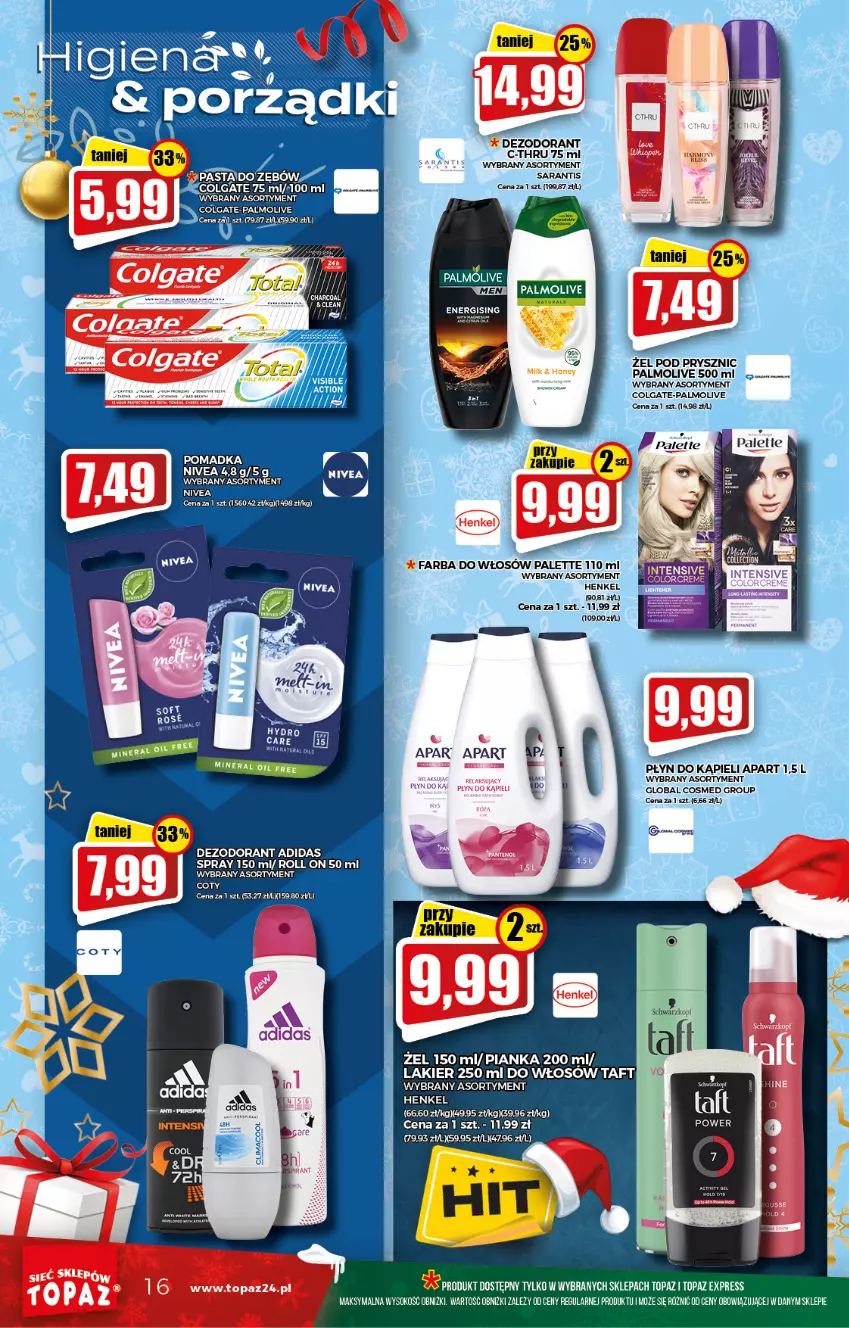 Gazetka promocyjna Topaz - Gazetka - ważna 29.12.2021 do 05.01.2022 - strona 16 - produkty: Adidas, Colgate, Dezodorant, Fa, Farba do włosów, Lakier, LG, Nivea, Palette, Palmolive, Płyn do kąpieli, Por, Sok, Taft, Top