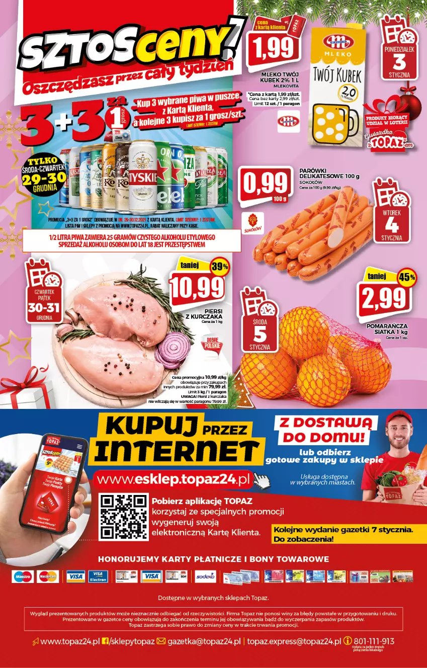 Gazetka promocyjna Topaz - Gazetka - ważna 29.12.2021 do 05.01.2022 - strona 20 - produkty: Kubek, Kurczak, Mleko, Mlekovita, Olej, Parówki, Siatka, Sok, Sokołów, Waga