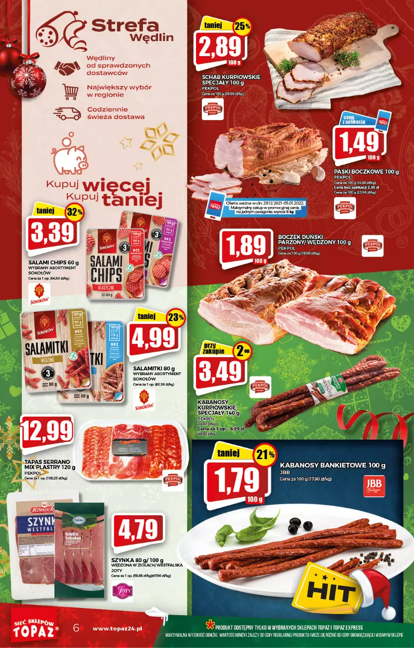 Gazetka promocyjna Topaz - Gazetka - ważna 29.12.2021 do 05.01.2022 - strona 6 - produkty: Boczek, Fa, Kabanos, Pekpol, Salami, Sok, Sokołów, Szynka, Top