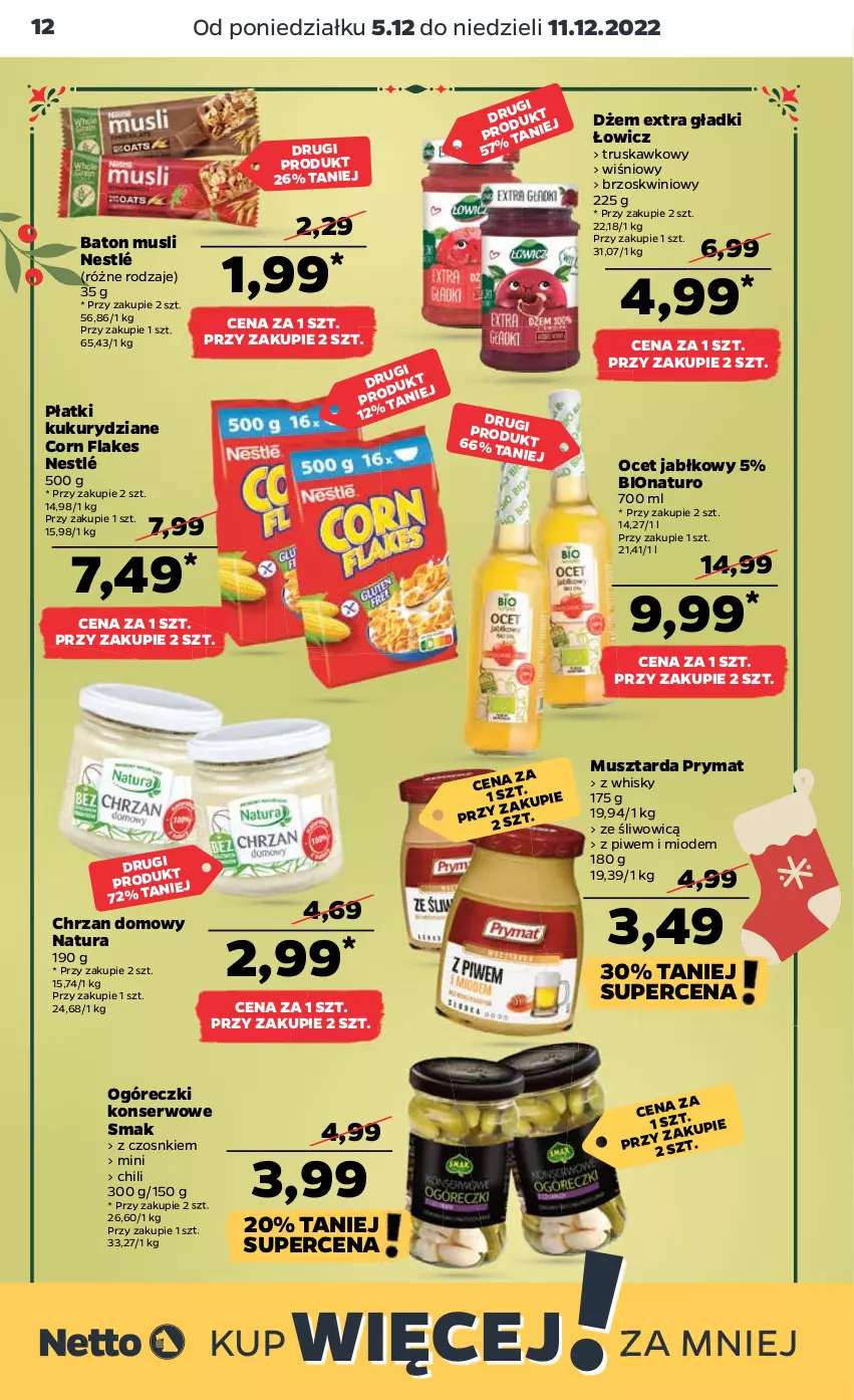 Gazetka promocyjna Netto - Artykuły spożywcze - ważna 05.12 do 11.12.2022 - strona 12 - produkty: Baton, Chrzan, Corn flakes, Dżem, Mus, Musztarda, Nestlé, Ocet, Prymat, Ser, Whisky