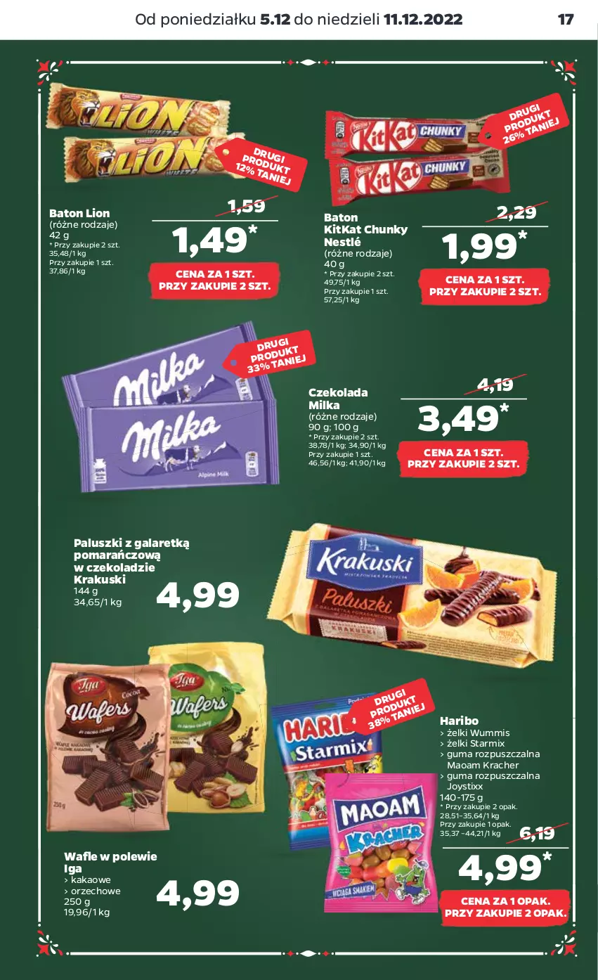 Gazetka promocyjna Netto - Artykuły spożywcze - ważna 05.12 do 11.12.2022 - strona 17 - produkty: Baton, Czekolada, Gala, Guma rozpuszczalna, Haribo, Kakao, Krakus, Krakuski, Lion, Milka, Nestlé, Wafle