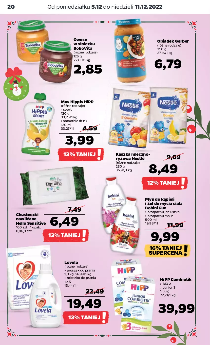 Gazetka promocyjna Netto - Artykuły spożywcze - ważna 05.12 do 11.12.2022 - strona 20 - produkty: BoboVita, Chusteczki, Gerber, HiPP, Lovela, Mleczko, Mleczko do prania, Mus, Nestlé, Owoce, Płyn do kąpieli, Por, Proszek do prania, Ryż, Smoothie, Sport