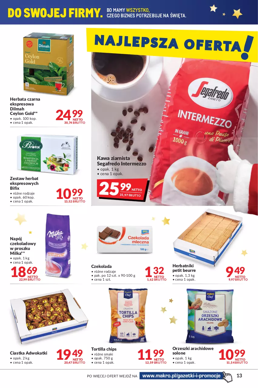 Gazetka promocyjna Makro - [Oferta promocyjna] Artykuły spożywcze i przemysłowe - ważna 30.11 do 13.12.2021 - strona 13 - produkty: Ciastka, Czekolada, Dilmah, Herbata, Herbata czarna, Herbatniki, Herbatniki Petit Beurre, Kawa, Kawa ziarnista, Milka, Napój, Orzeszki, Segafredo, Tortilla, Tortilla Chips