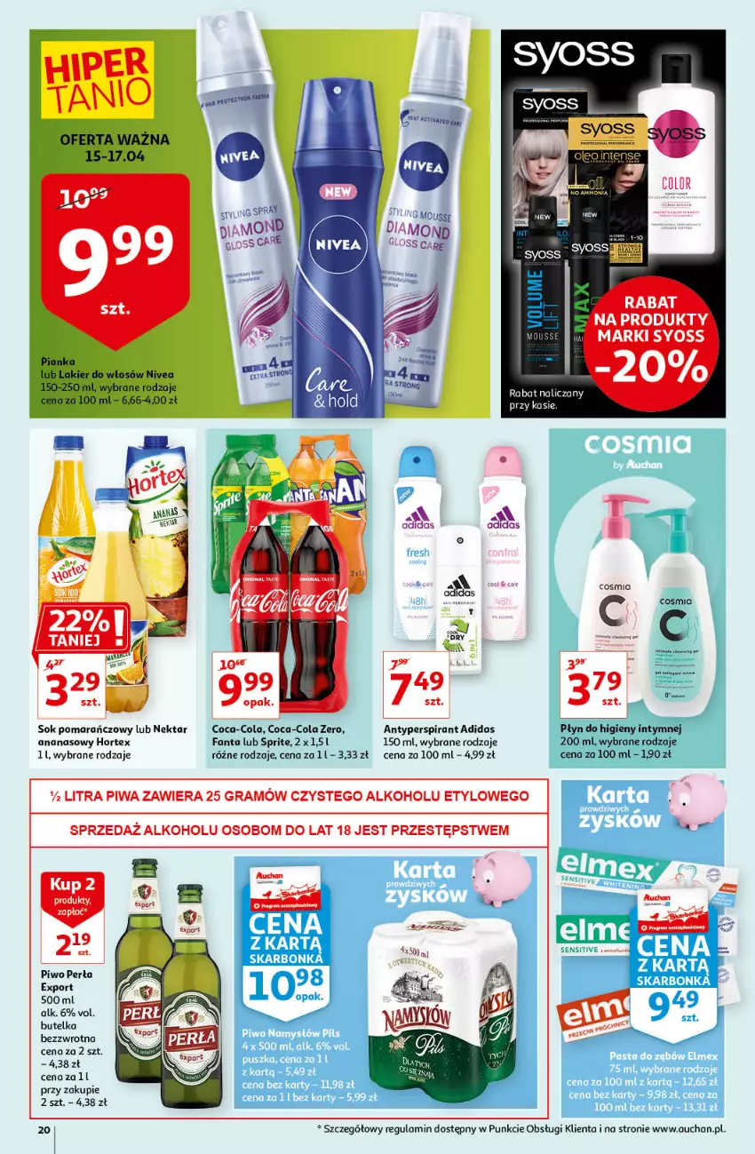 Gazetka promocyjna Auchan - Magic Birds Hipermarkety - ważna 15.04 do 21.04.2021 - strona 20 - produkty: Adidas, Ananas, Antyperspirant, Coca-Cola, Fa, Fanta, Gra, Hortex, Lakier, Lakier do włosów, Nektar, Nivea, Perła, Piwa, Piwo, Płyn do higieny intymnej, Por, Sok, Sok pomarańczowy, Sprite