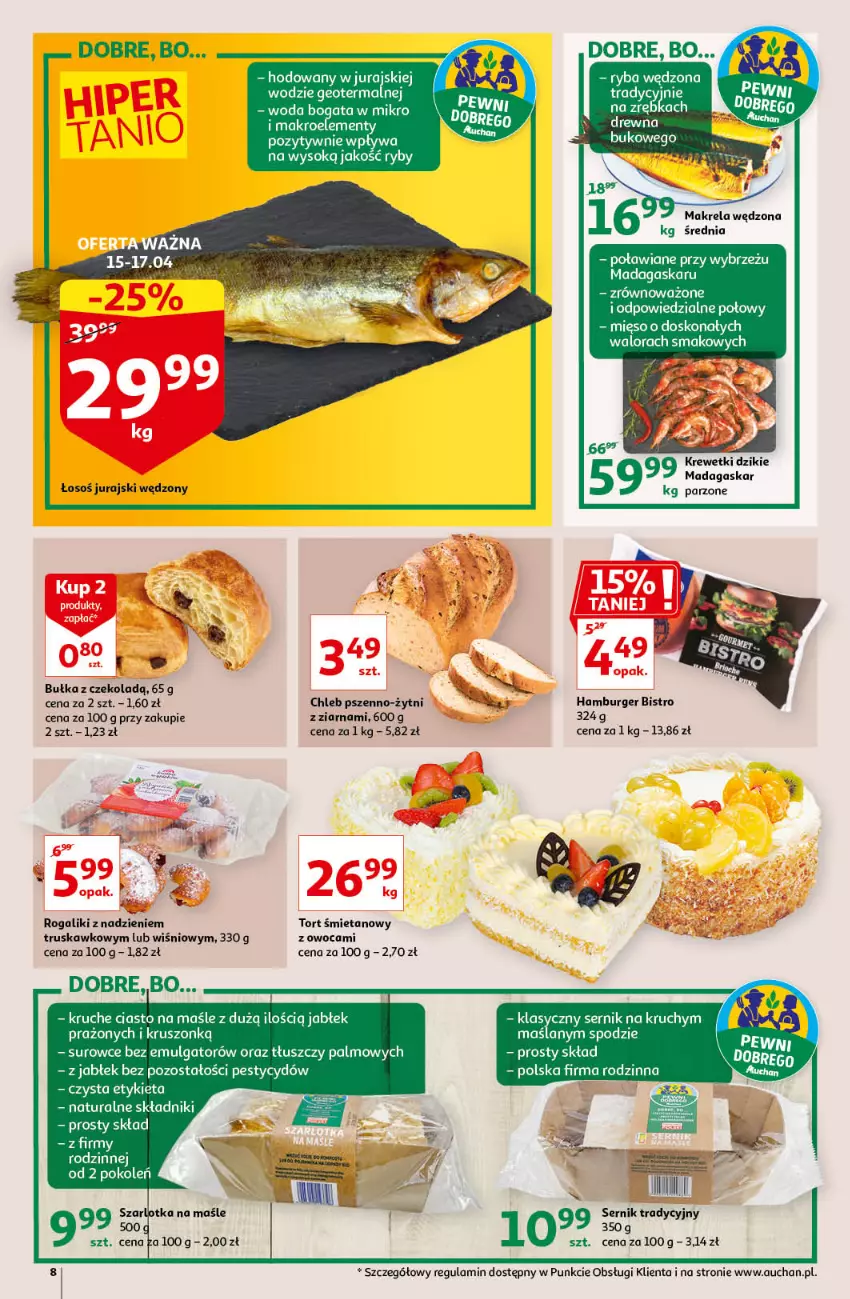 Gazetka promocyjna Auchan - Magic Birds Hipermarkety - ważna 15.04 do 21.04.2021 - strona 8 - produkty: Bułka, Burger, Chleb, Gin, Hamburger, LG, Mięso, Rogal, Ryba, Sok, Tort śmietanowy, Woda