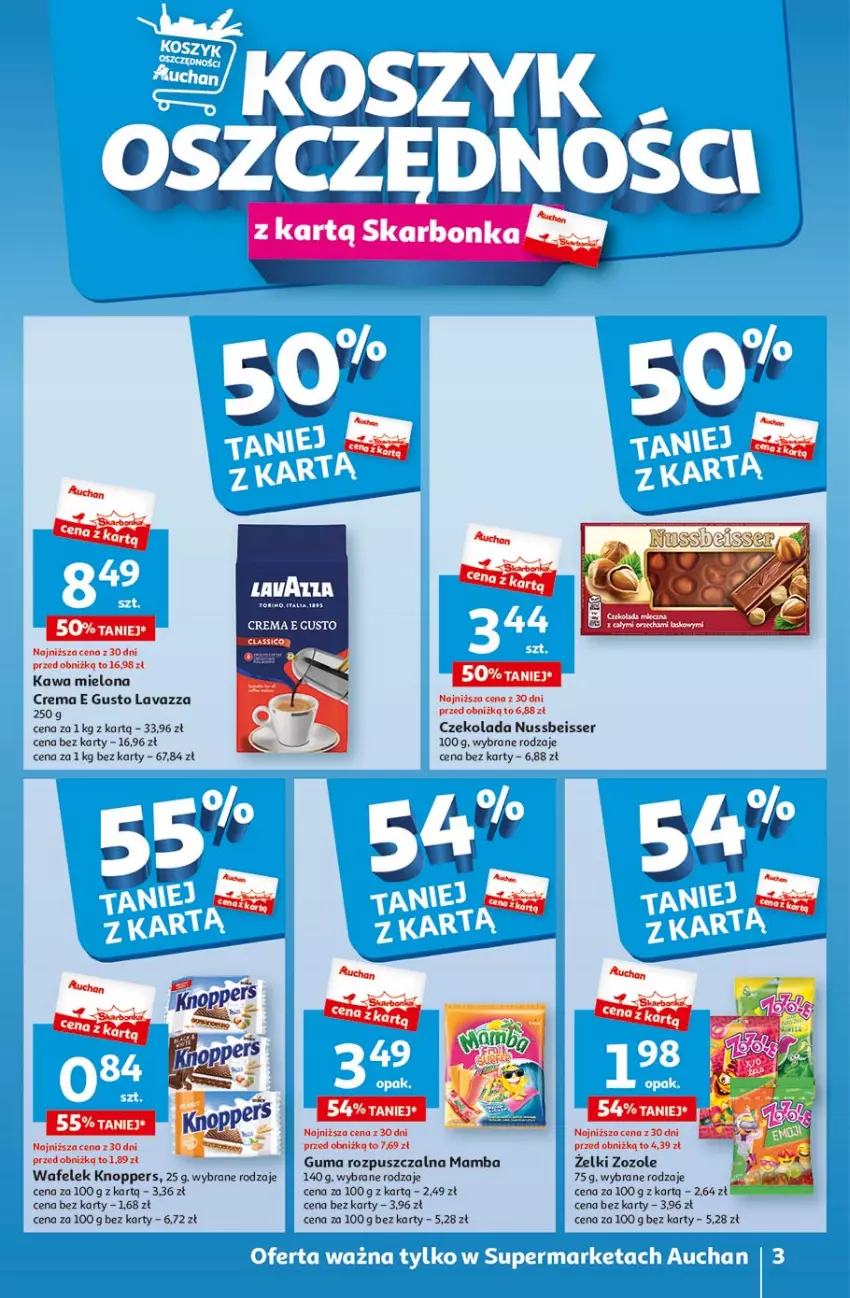 Gazetka promocyjna Auchan - Gazetka Oferty tygodnia! Supermarket Auchan - ważna 11.04 do 17.04.2024 - strona 3 - produkty: Czekolada, Guma rozpuszczalna, Kawa, Kawa mielona, Knoppers, Lavazza, Mamba, Ser, Wafelek