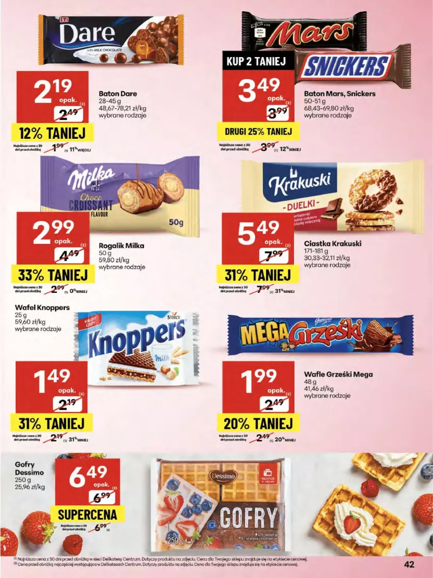 Gazetka promocyjna Delikatesy Centrum - Franczyza DC34 Czwartek - ważna 21.08 do 27.08.2025 - strona 42 - produkty: Baton, Gofry, Grześki, Knoppers, Krakus, Krakuski, Mars, Milka, Rogal, Rum, Snickers, Wafle