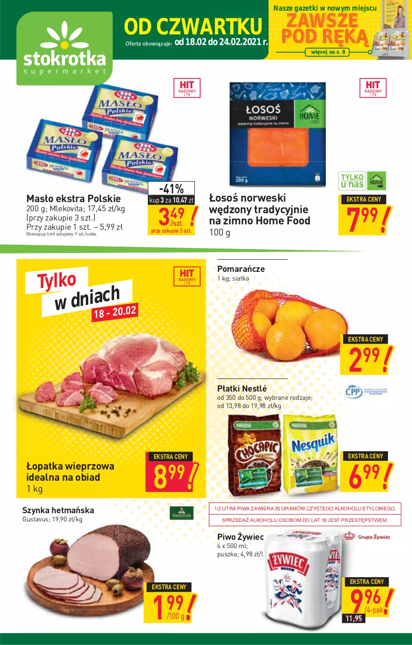 Gazetka promocyjna Stokrotka - Supermarket - ważna 18.02 do 24.02.2021 - strona 1 - produkty: Gin, Gra, Masło, Mleko, Mlekovita, Nestlé, Piwa, Piwo, Pomarańcze, Siatka, Szynka