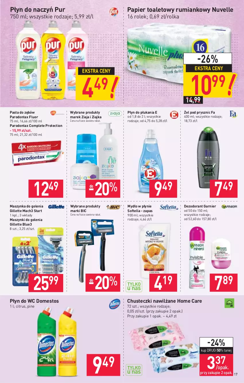 Gazetka promocyjna Stokrotka - Supermarket - ważna 18.02 do 24.02.2021 - strona 17 - produkty: BIC, Chusteczki, Dezodorant, Domestos, Fa, Garnier, Gillette, Mach3, Maszynka, Maszynka do golenia, Mydło, Mydło w płynie, Papier, Papier toaletowy, Parodontax, Pasta do zębów, Płyn do płukania, Płyn do wc, Pur, Rum, Szynka, Ziaja, Ziajka