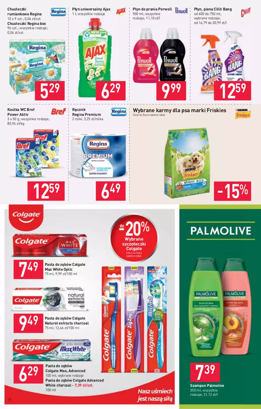 Gazetka promocyjna Stokrotka - Supermarket - ważna 18.02 do 24.02.2021 - strona 18 - produkty: Ajax, Bref, Chusteczki, Cillit Bang, Colgate, Friskies, Gin, LG, Palmolive, Pasta do zębów, Perwoll, Płyn do prania, Ręcznik, Rolki, Rum, Szampon