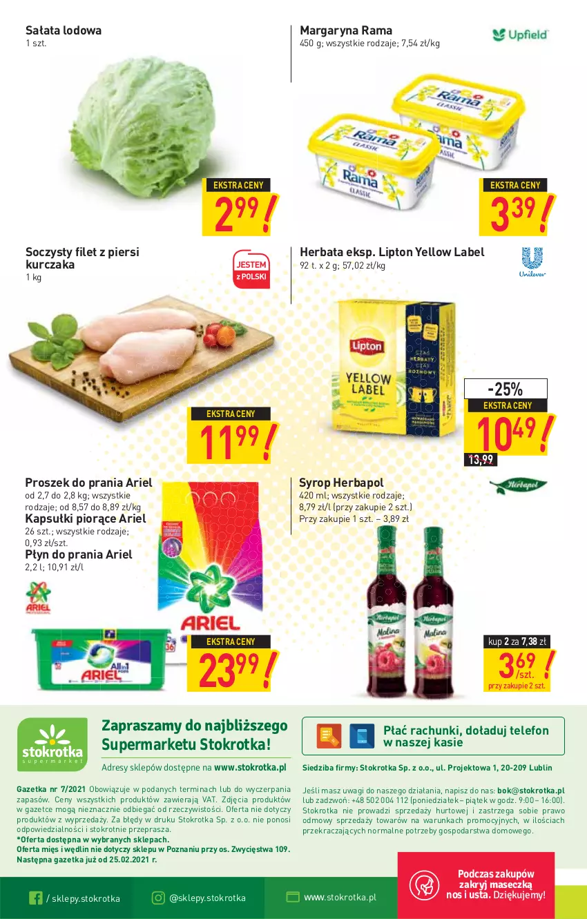 Gazetka promocyjna Stokrotka - Supermarket - ważna 18.02 do 24.02.2021 - strona 20 - produkty: Ariel, Filet z piersi kurczaka, Herbapol, Herbata, Kurczak, Lipton, Margaryna, O nas, Płyn do prania, Proszek do prania, Rama, Sałat, Sałata lodowa, Syrop, Telefon, Wagi