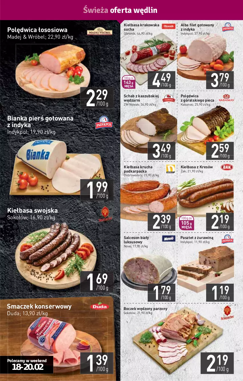 Gazetka promocyjna Stokrotka - Supermarket - ważna 18.02 do 24.02.2021 - strona 4 - produkty: Bianka, Boczek, Duda, HP, Kabanos, Karp, Kiełbasa, Kiełbasa krakowska, Kiełbasa krucha, NOWAK, Olewnik, Pasztet, Piec, Polędwica, Salceson, Schab z kaszubskiej wędzarni, Ser, Sok, Sokołów, Sos