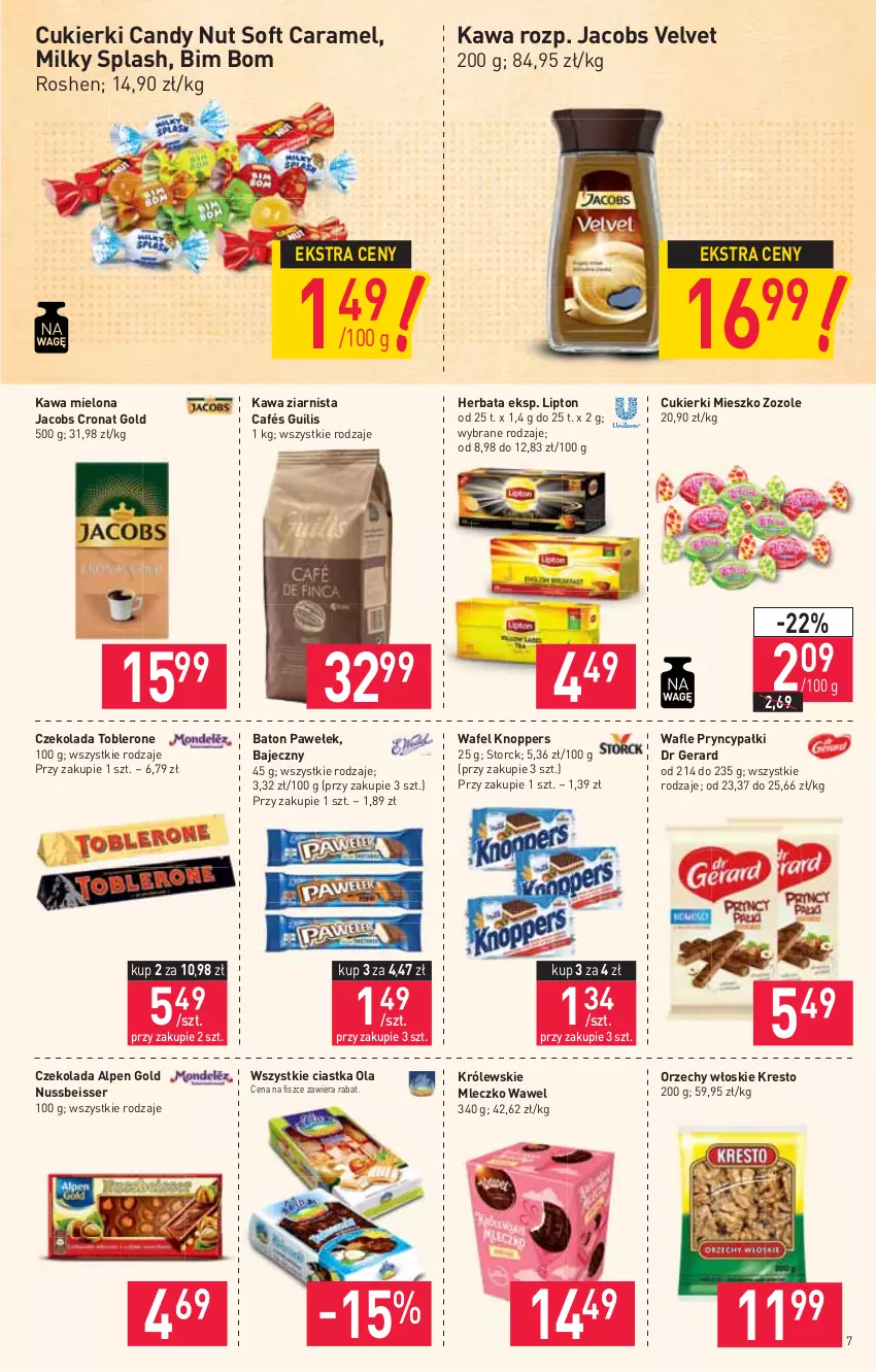 Gazetka promocyjna Stokrotka - Supermarket - ważna 18.02 do 24.02.2021 - strona 7 - produkty: Baton, Candy, Ciastka, Cukier, Cukierki, Czekolada, Dr Gerard, Herbata, Jacobs, Jacobs Velvet, Kawa, Kawa mielona, Kawa ziarnista, Knoppers, Królewski, Królewskie Mleczko, Lipton, Mleczko, Orzechy włoskie, Ser, Toblerone, Velvet, Wafle, Wawel