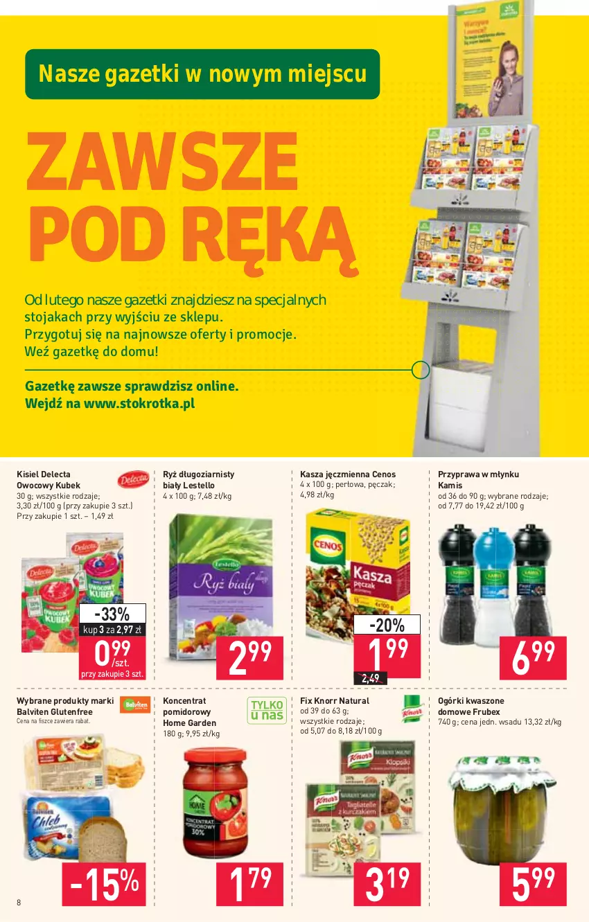 Gazetka promocyjna Stokrotka - Supermarket - ważna 18.02 do 24.02.2021 - strona 8 - produkty: Cenos, Delecta, Kamis, Kasza, Kasza jęczmienna, Kisiel, Knorr, Koncentrat pomidorowy, Kubek, O nas, Ryż