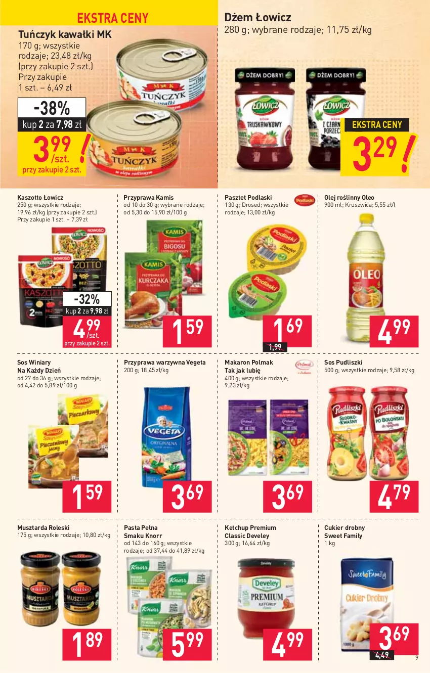 Gazetka promocyjna Stokrotka - Supermarket - ważna 18.02 do 24.02.2021 - strona 9 - produkty: Cukier, Dżem, Fa, Kamis, Kawa, Ketchup, Knorr, Makaron, Mus, Musztarda, Olej, Olej roślinny, Oleo, Olma, Pasztet, Podlaski, Pudliszki, Sos, Tuńczyk, Vegeta, Winiary, Zott