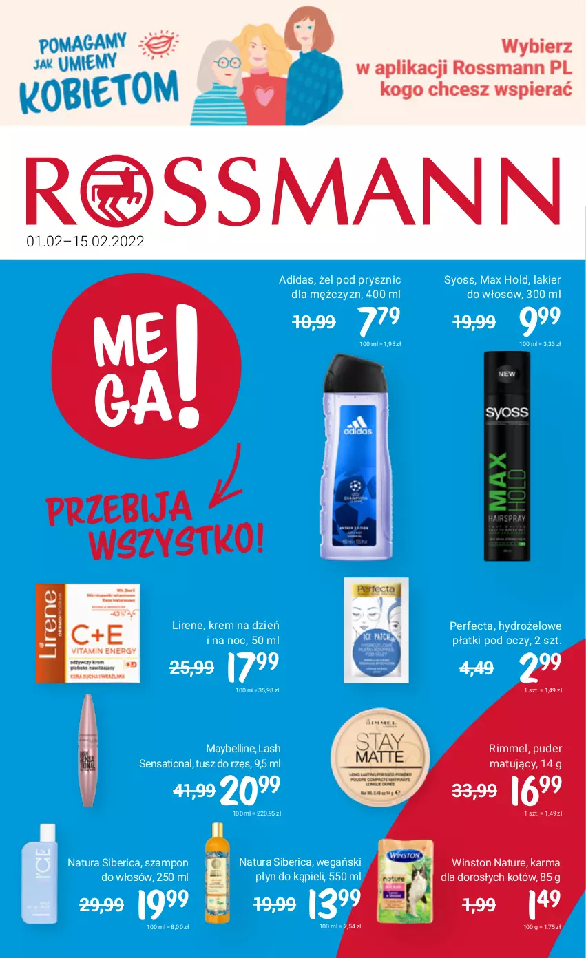 Gazetka promocyjna Rossmann - ważna 01.02 do 15.02.2022 - strona 1 - produkty: Adidas, Bell, Hydrożelowe płatki pod oczy, Krem na dzień, Krem na dzień i na noc, Lakier, Lakier do włosów, Lirene, Maybelline, Natura Siberica, Perfecta, Płyn do kąpieli, Puder, Sati, Syoss, Szampon, Tusz, Winston