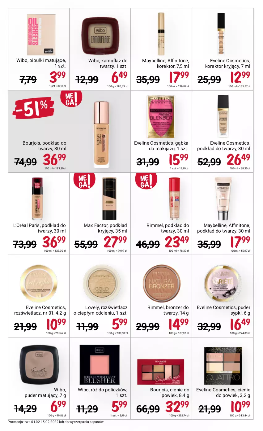 Gazetka promocyjna Rossmann - ważna 01.02 do 15.02.2022 - strona 10 - produkty: Bell, Bibułki, Bourjois, Bronzer, Eveline, Fa, L’Oréal, Lovely, Makijaż, Max Factor, Maybelline, Podkład, Podkład do twarzy, Puder, Róż do policzków, Rozświetlacz, Wibo