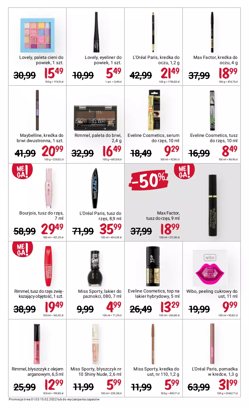 Gazetka promocyjna Rossmann - ważna 01.02 do 15.02.2022 - strona 11 - produkty: Bell, Bourjois, Eveline, Fa, Kredka, Kredka do brwi, L’Oréal, Lakier, Lakier do paznokci, Lakier hybrydowy, Lovely, Max Factor, Maybelline, Miss Sporty, Olej, Paleta, Peeling, Por, Rum, Ser, Serum, Sport, Top, Tusz, Wibo