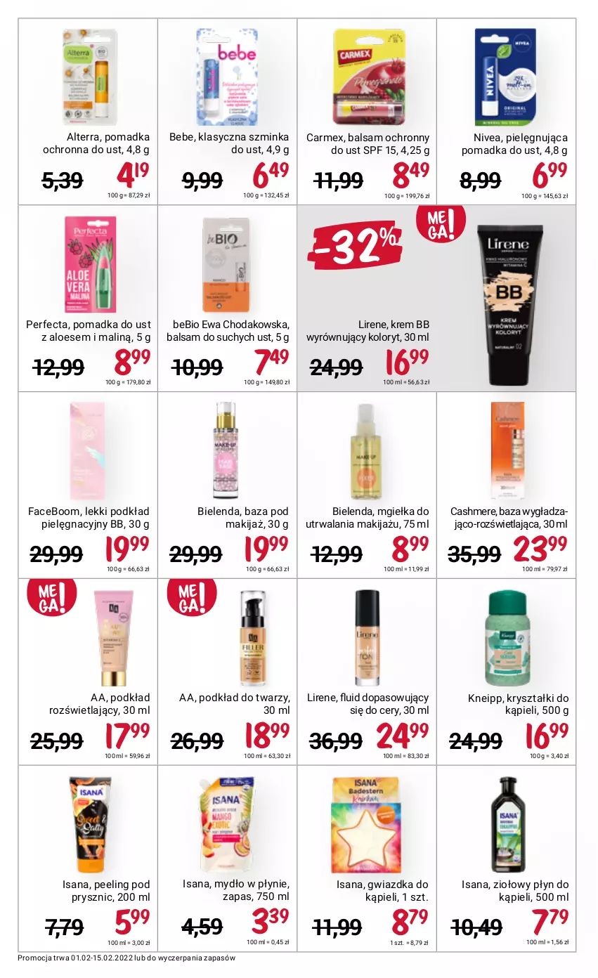 Gazetka promocyjna Rossmann - ważna 01.02 do 15.02.2022 - strona 12 - produkty: Alterra, Bielenda, Fa, Inka, Isana, Kneipp, Krem bb, Lirene, Makijaż, Mydło, Mydło w płynie, Nivea, Peeling, Perfecta, Płyn do kąpieli, Podkład, Podkład do twarzy, Szminka