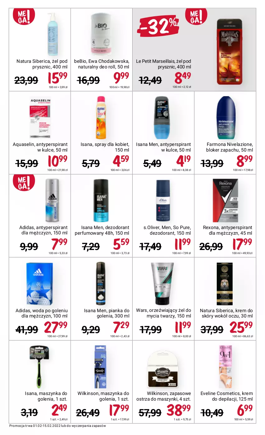 Gazetka promocyjna Rossmann - ważna 01.02 do 15.02.2022 - strona 13 - produkty: Adidas, Antyperspirant, Aquaselin, Dezodorant, Eveline, Fa, Isana, Krem do depilacji, Mars, Maszynka, Maszynka do golenia, Natura Siberica, Nivelazione, Perfum, Pianka do golenia, Pur, Rexona, S.Oliver, Szynka, Woda, Woda po goleniu