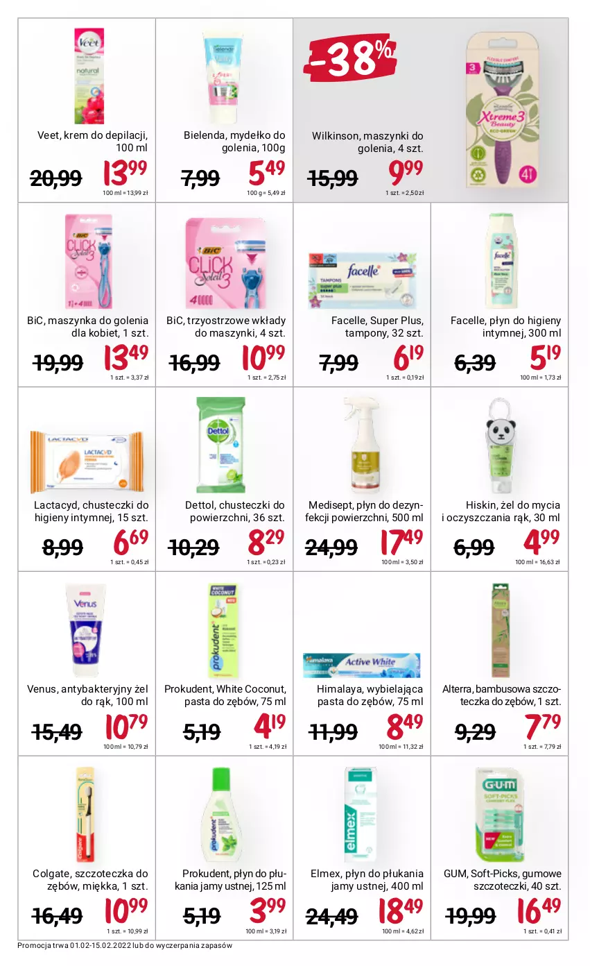 Gazetka promocyjna Rossmann - ważna 01.02 do 15.02.2022 - strona 14 - produkty: Alterra, BIC, Bielenda, Chusteczki, Chusteczki do higieny, Colgate, Dettol, Elmex, Fa, Facelle, Himalaya, Krem do depilacji, Lactacyd, LG, Maszynka, Maszynka do golenia, Pasta do zębów, Płyn do dezynfekcji powierzchni, Płyn do higieny intymnej, Płyn do płukania, Płyn do płukania jamy ustnej, Prokudent, Szczoteczka, Szczoteczka do zębów, Szynka, Tampony, Veet, Venus