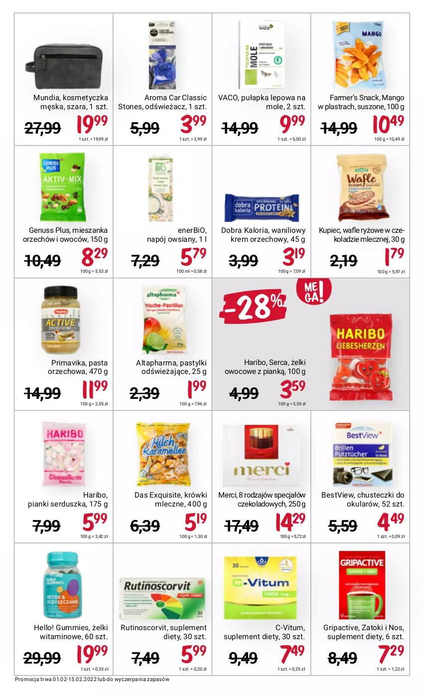 Gazetka promocyjna Rossmann - ważna 01.02 do 15.02.2022 - strona 15 - produkty: Chusteczki, Enerbio, Exquisite, Fa, Genuss Plus, Haribo, Kosmetyczka, Krem orzechowy, Krówki mleczne, Kupiec, Mango, Merci, Napój, Pastylki, Piec, Prima, Primavika, Ryż, Ser, Suplement diety, Wafle