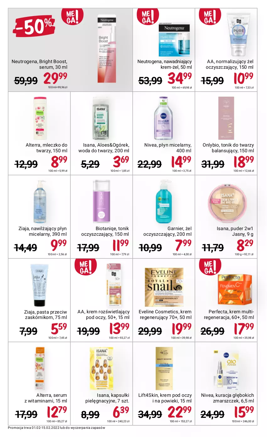 Gazetka promocyjna Rossmann - ważna 01.02 do 15.02.2022 - strona 6 - produkty: Alterra, Eveline, Garnier, Isana, Krem pod oczy, Krem regenerujący, Mars, Mleczko, Neutrogena, Nivea, Ogórek, Perfecta, Płyn micelarny, Puder, Rum, Ser, Serum, Tonik, Tonik do twarzy, Woda, Ziaja