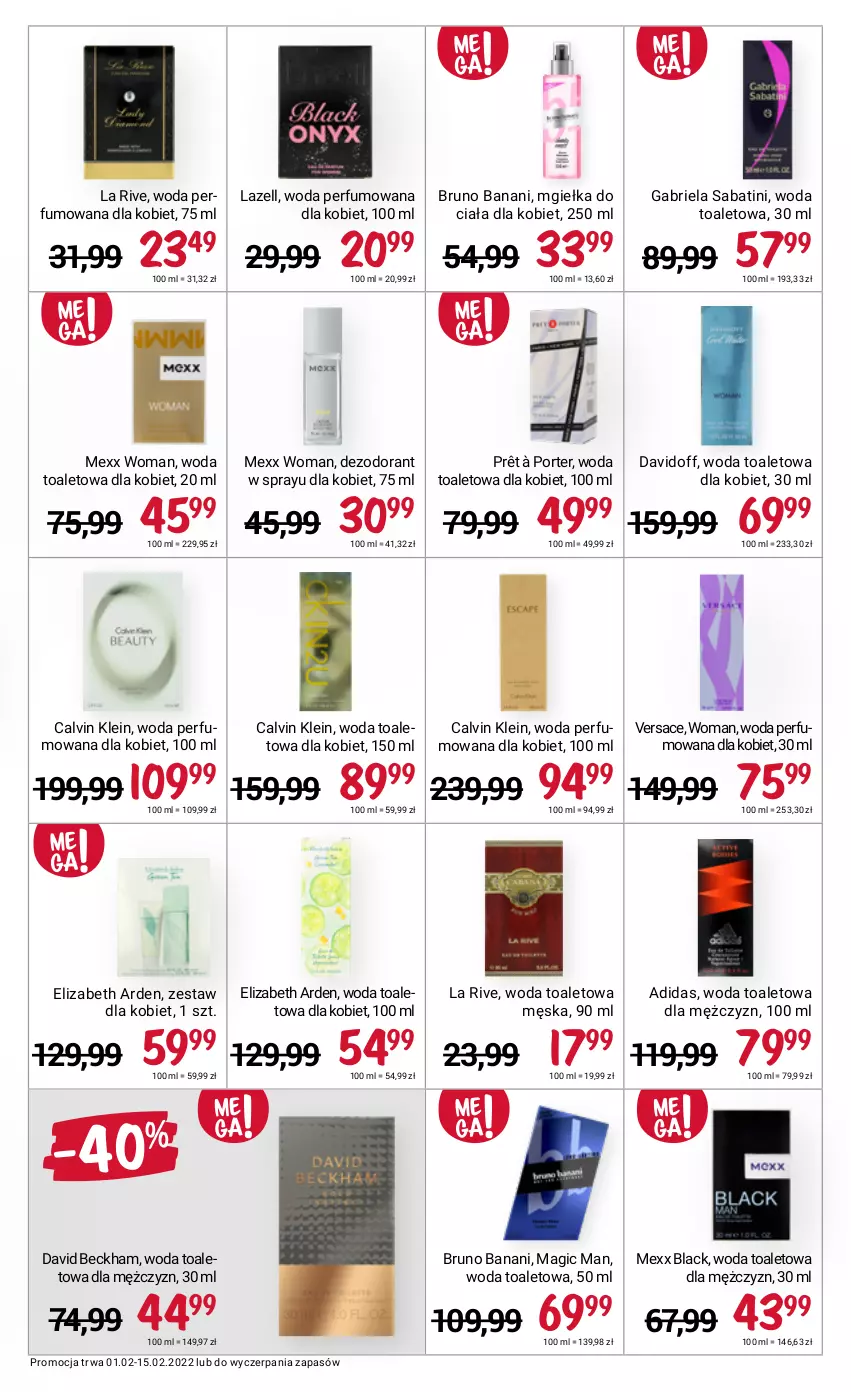 Gazetka promocyjna Rossmann - ważna 01.02 do 15.02.2022 - strona 9 - produkty: Adidas, Brie, Bruno Banani, Calvin Klein, David Beckham, Davidoff, Dezodorant, Elizabeth Arden, Gabriela Sabatini, La Rive, Lack, Lazell, Mexx, Perfum, Por, Versace, Woda, Woda perfumowana, Woda toaletowa