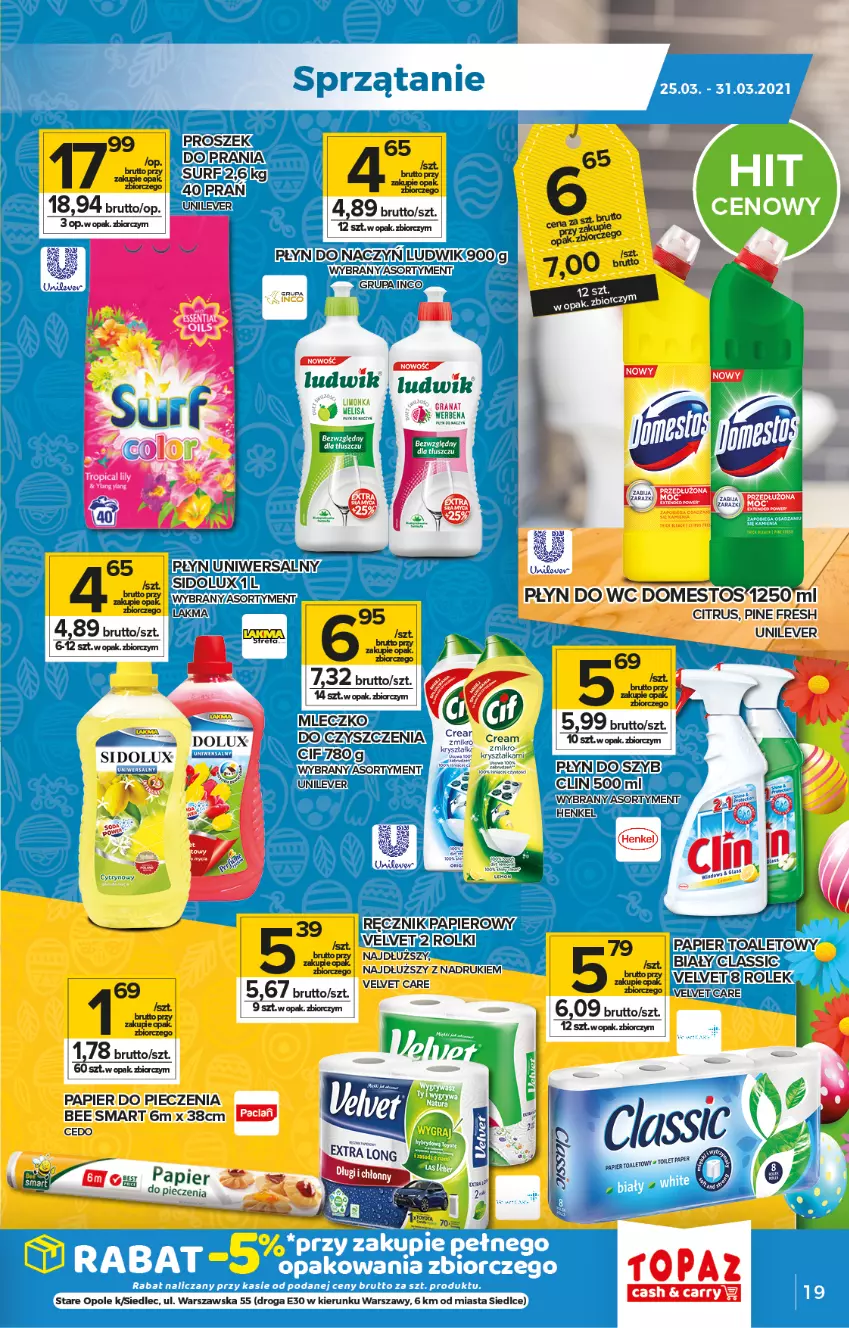 Gazetka promocyjna Topaz - Gazetka - ważna 25.03 do 31.03.2021 - strona 19 - produkty: Clin, Domestos, Gra, Granat, Limonka, Ludwik, Mleczko, Papier, Papier do pieczenia, Piec, Ręcznik, Rolki, Sidolux, Top, Velvet