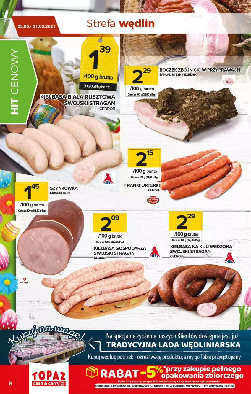 Gazetka promocyjna Topaz - Gazetka - ważna 25.03 do 31.03.2021 - strona 8 - produkty: Boczek, Frankfurterki, Kiełbasa