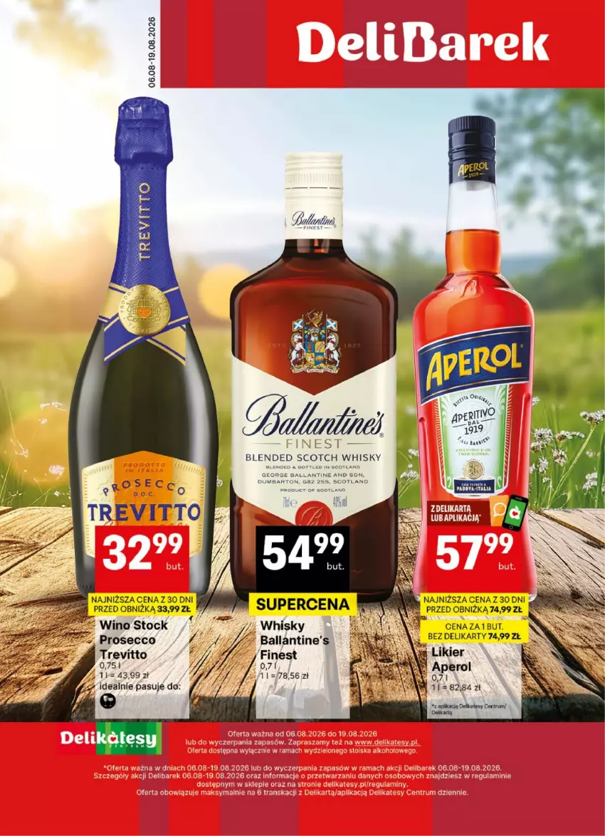 Gazetka promocyjna Delikatesy Centrum - Delibarek DC32-DC33 - ważna 06.08 do 19.08.2026 - strona 1 - produkty: Aperol, Ballantine's, Likier, Prosecco, Rum, Stock, Whisky, Wino
