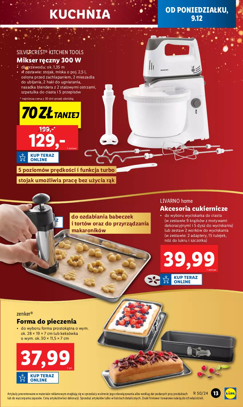 Gazetka promocyjna Lidl - GAZETKA - ważna 09.12 do 15.12.2024 - strona 13 - produkty: Blender, Cukier, Forma do pieczenia, Ivar, Keksówka, Kuchnia, Makaron, Mikser, Mikser ręczny, Miska, Piec, Ser, Silvercrest, Stojak, Szczotka, Szpatułka, Wyciskarka