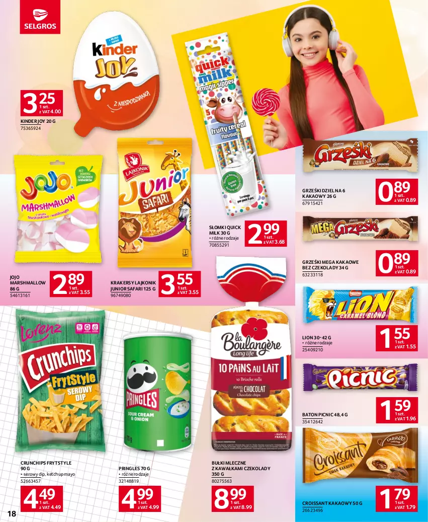 Gazetka promocyjna Selgros - Katalog Szkoła - ważna 01.07 do 30.09.2023 - strona 18 - produkty: Baton, Croissant, Crunchips, Fa, Grześki, Kakao, Kawa, Ketchup, Kinder, Krakersy, Lajkonik, Lion, Mars, Pringles, Ser