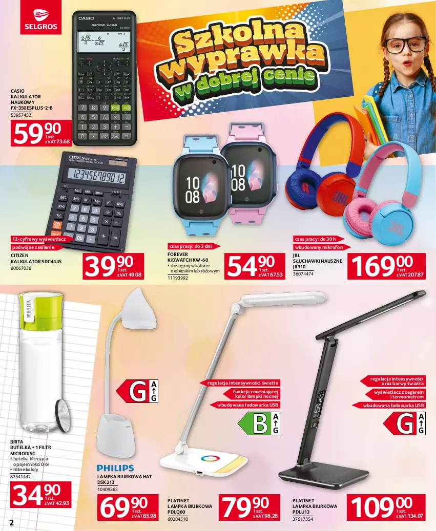 Gazetka promocyjna Selgros - Katalog Szkoła - ważna 01.07 do 30.09.2023 - strona 2 - produkty: Biurko, Brit, Brita, JBL, K2, Mikrofon, PLATINET, Silan, Słuchawki, Termometr, Warka, Zegar