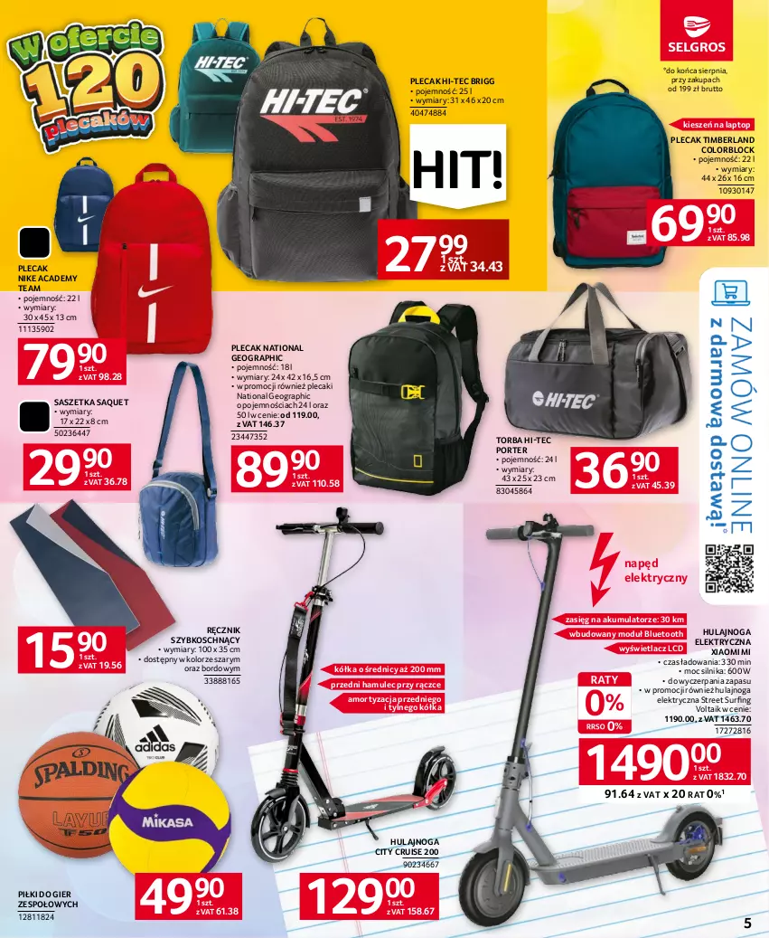 Gazetka promocyjna Selgros - Katalog Szkoła - ważna 01.07 do 30.09.2023 - strona 5 - produkty: Akumulator, Gra, Hi-Tec, Hulajnoga, Hulajnoga elektryczna, Mule, Nike, Plecak, Por, Ręcznik, Surf, Top, Torba