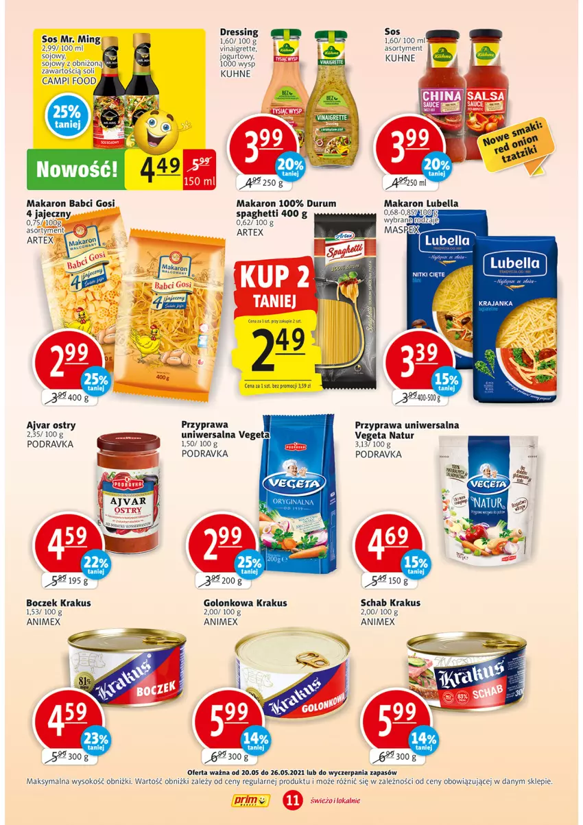 Gazetka promocyjna Prim Market - Gazetka - ważna 20.05 do 26.05.2021 - strona 11 - produkty: Bell, Bella, Boczek, Dres, Krakus, Lubella, Makaron, Podravka, Przyprawa uniwersalna, Rum, Sok, Sos, Spaghetti, Vegeta, Vegeta Natur