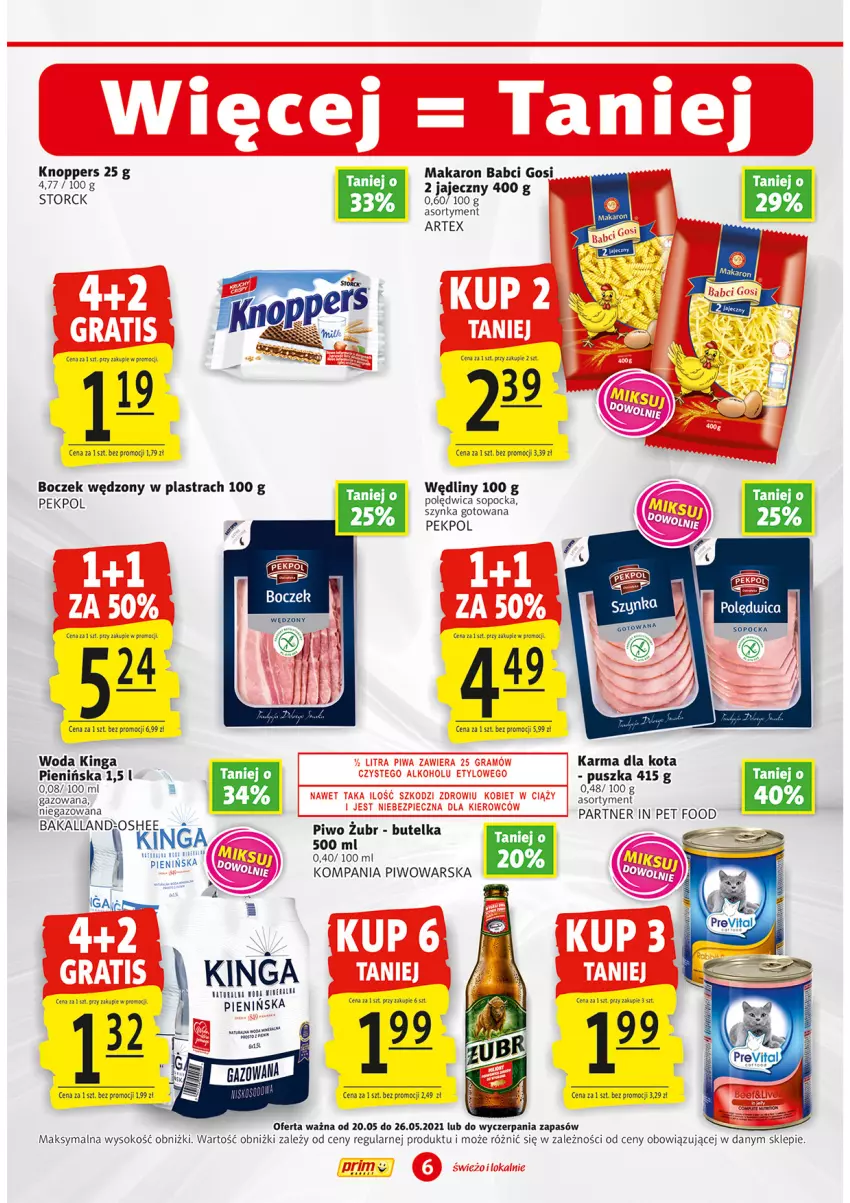 Gazetka promocyjna Prim Market - Gazetka - ważna 20.05 do 26.05.2021 - strona 6 - produkty: Boczek, Knoppers, Makaron, Materac, Oshee, Pekpol, Piwo, Sok, Szynka, Tera, Woda