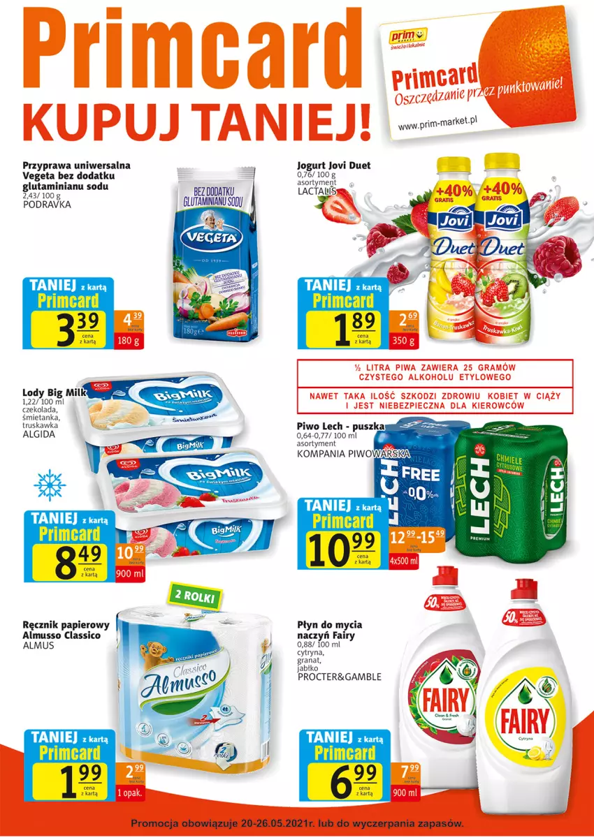 Gazetka promocyjna Prim Market - Gazetka - ważna 20.05 do 26.05.2021 - strona 7 - produkty: Algida, Big Milk, Czekolada, Do mycia naczyń, Fa, Fairy, Gra, Granat, Jogurt, LG, Lody, Mus, Papier, Piwo, Płyn do mycia, Płyn do mycia naczyń, Podravka, Przyprawa uniwersalna, Ręcznik, Vegeta