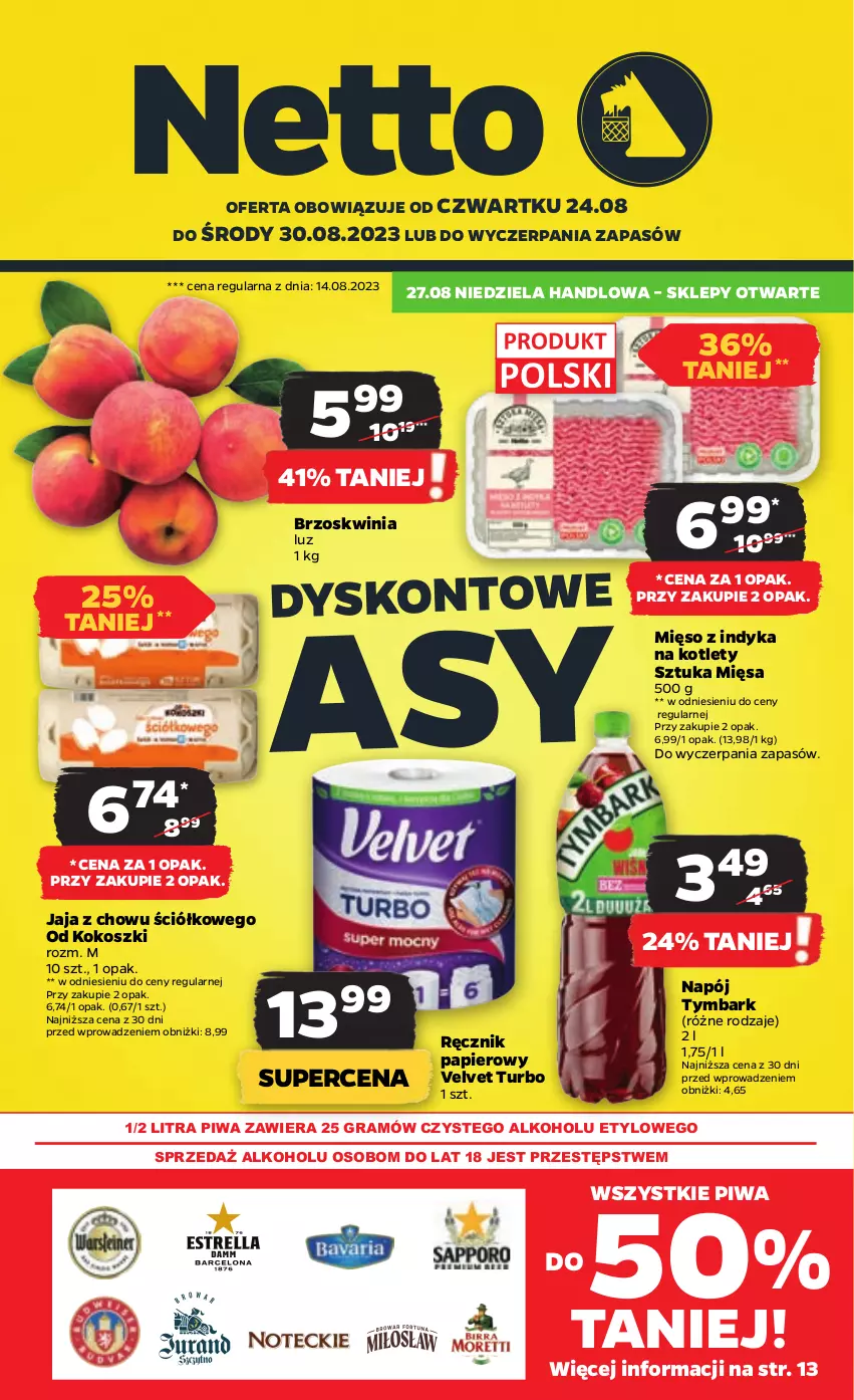 Gazetka promocyjna Netto - Artykuły spożywcze - ważna 24.08 do 30.08.2023 - strona 1 - produkty: Gra, Jaja, Kokos, Kosz, Kotlet, Mięso, Mięso z indyka, Napój, Papier, Piwa, Ręcznik, Tymbark, Velvet