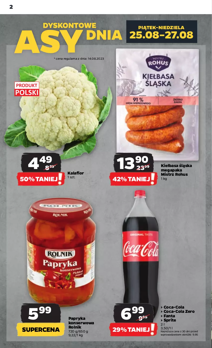 Gazetka promocyjna Netto - Artykuły spożywcze - ważna 24.08 do 30.08.2023 - strona 2 - produkty: Coca-Cola, Fa, Fanta, Kalafior, Kiełbasa, Kiełbasa śląska, Papryka, Rolnik, Ser, Sprite